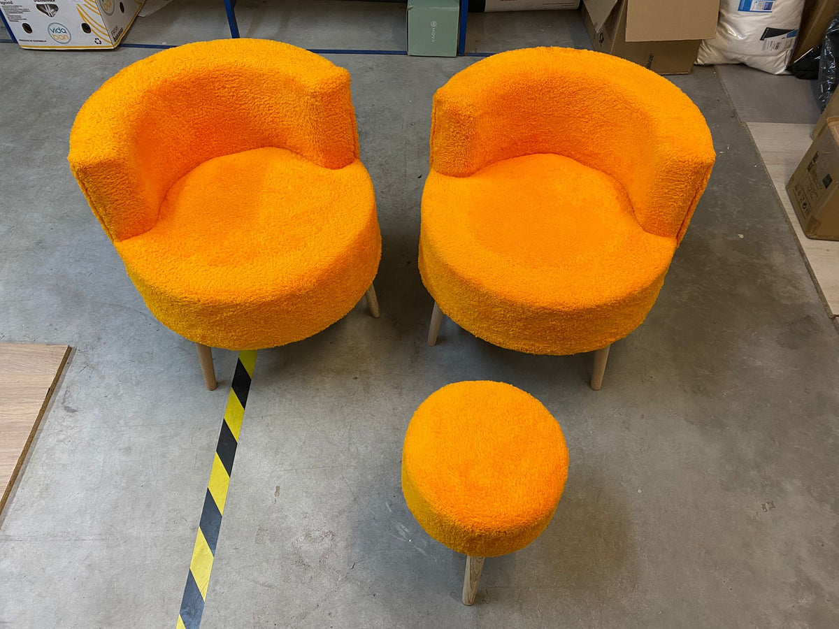 🛋️ Loungeset Bouclé 3-tlg. Gelb – 2 Sessel & Hocker im Skandi-Design - B-Ware
