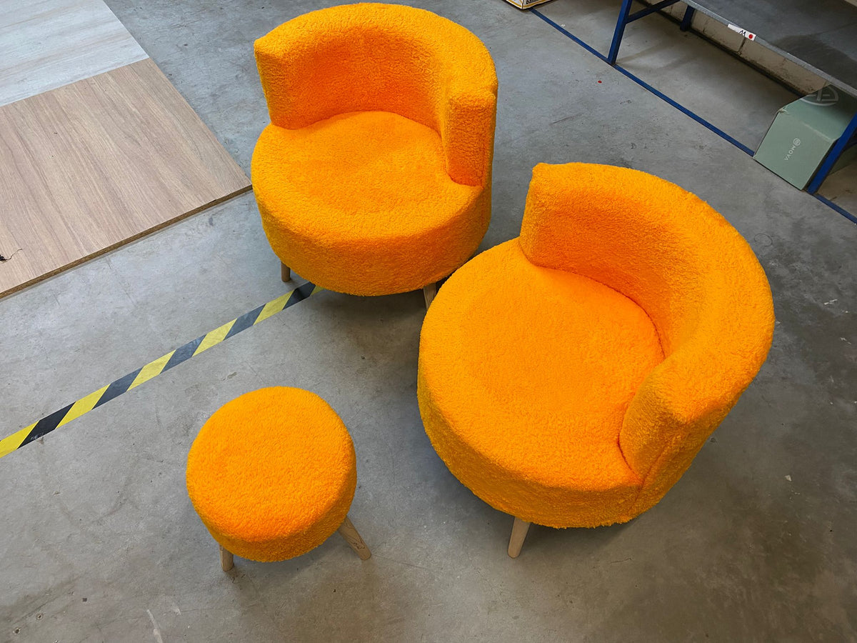 🛋️ Loungeset Bouclé 3-tlg. Gelb – 2 Sessel & Hocker im Skandi-Design - B-Ware