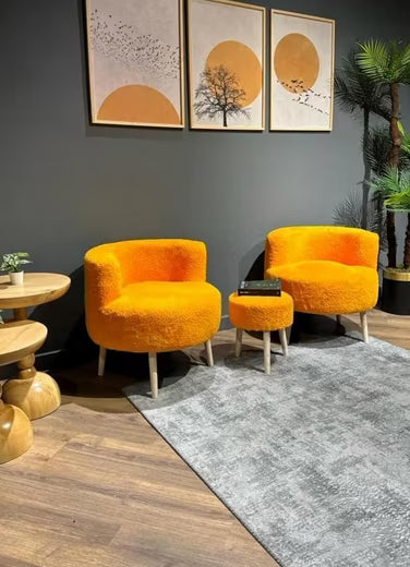 🛋️ Loungeset Bouclé 3-tlg. Gelb – 2 Sessel & Hocker im Skandi-Design - B-Ware